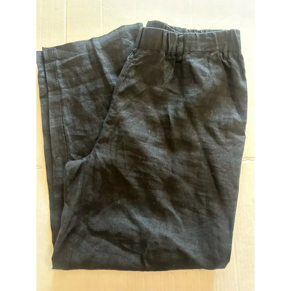 Quince Womens Sz Medium Black European Linen Pants Elastic Waist Cropped Coastal